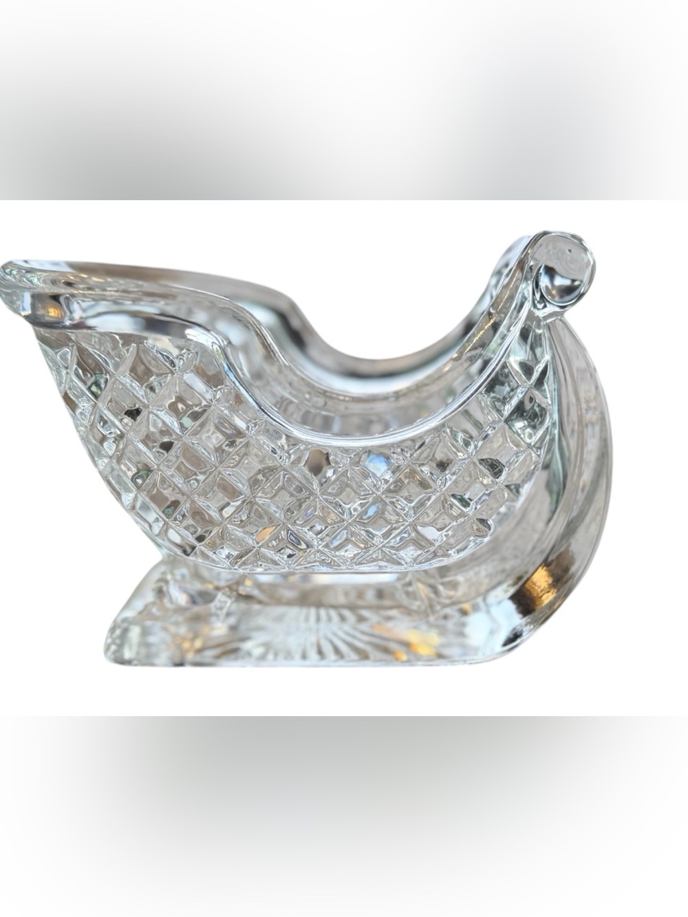 Vintage Heavy Glass Christmas Sleigh Candy Dish Centerpiece Diamond Pattern